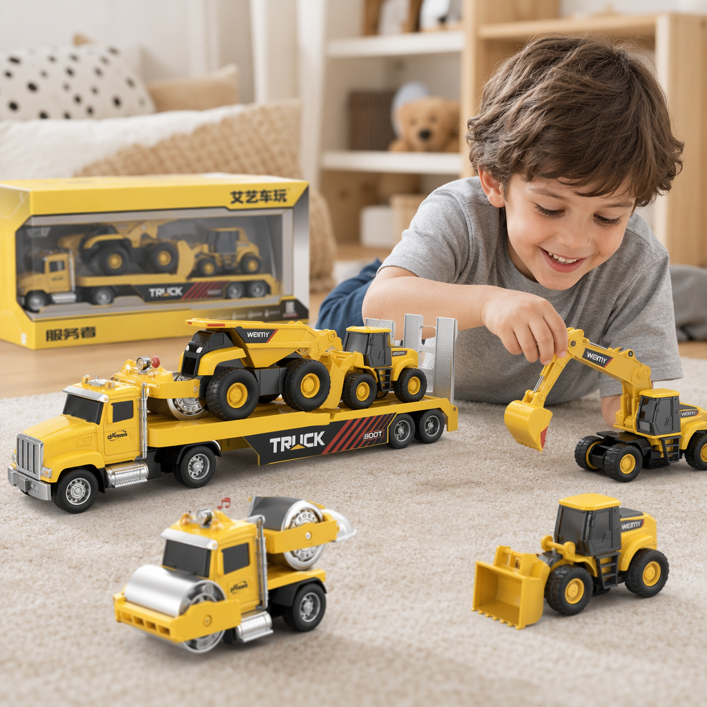 Yellow engineering vehicle toy set includes trailer trucks, rollers, excavators and construction machinery details Picture