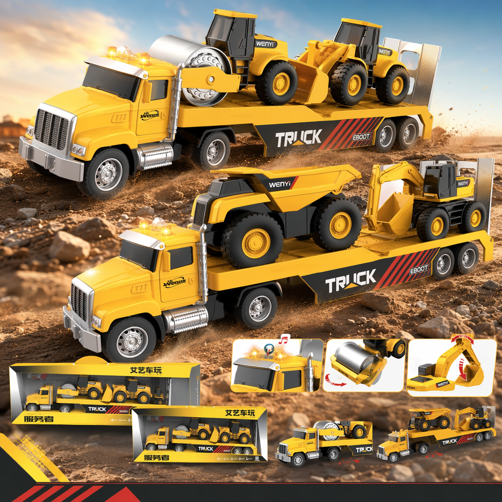 Yellow engineering vehicle toy set includes trailer trucks, rollers, excavators and construction machinery Specification image