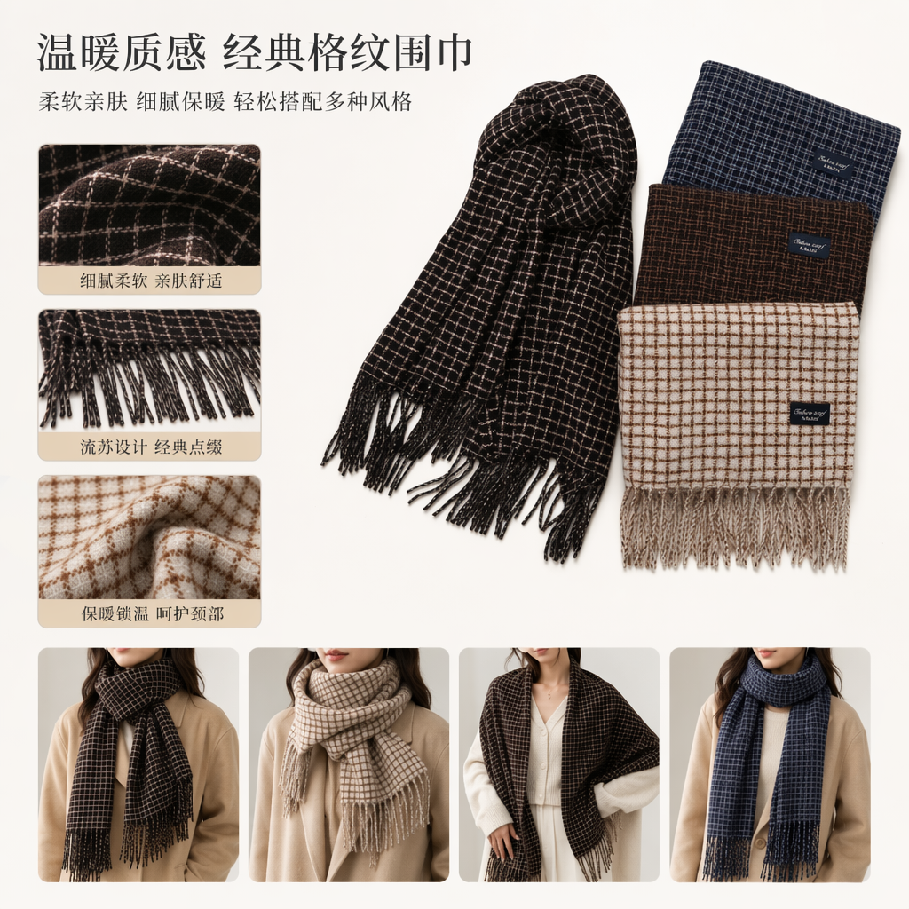 This checkered scarf is made of pure cotton and knitted fabric for both men and women, providing warmth in autumn and winter. It is fashionable and versatile