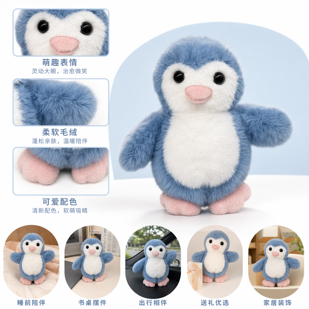 Blue penguin plush toys, cute throw pillows, children's soothing dolls, home decoration