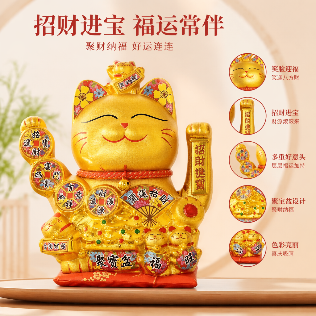 金色招财猫摆件客厅玄关家居风水装饰品