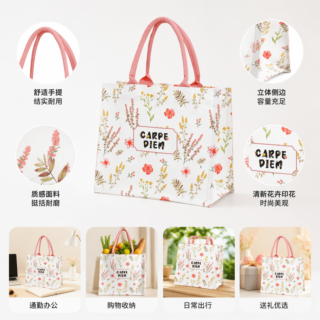 CARPE DIEM white canvas bag with pink, yellow and red patterns of small flowers and green leaves, and a pink fabric handle