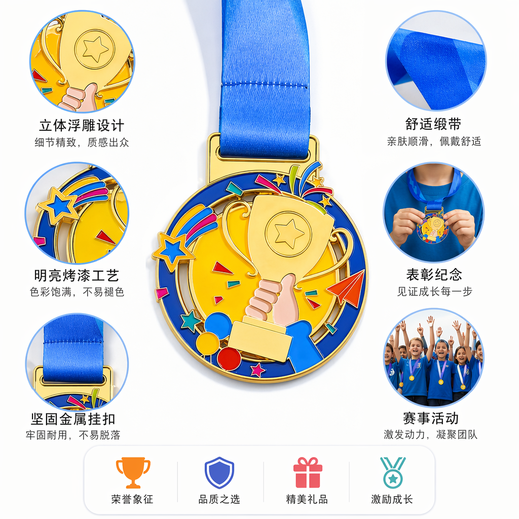 彩色奖牌金色奖杯图案蓝色绶带星星纸飞机彩球装饰