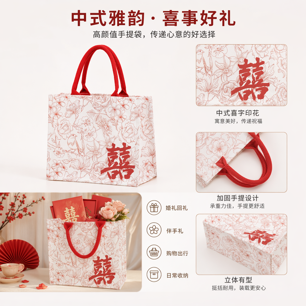红色提手帆布袋 袋身印红色花卉小鸟囍字图案