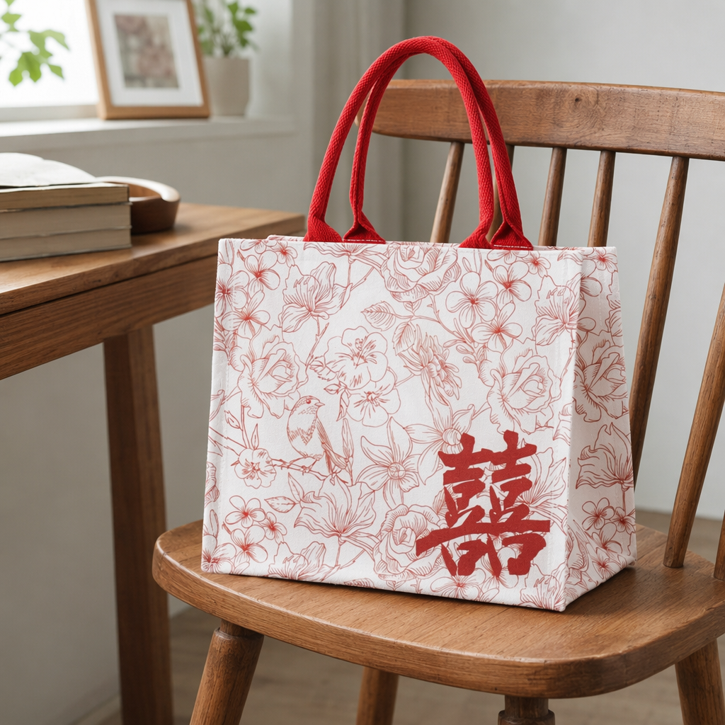 The red handle canvas bag is printed with a pattern of red flowers, birds and double happiness characters on its body details Picture