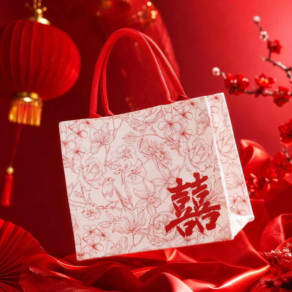 The red handle canvas bag is printed with a pattern of red flowers, birds and double happiness characters on its body Specification image