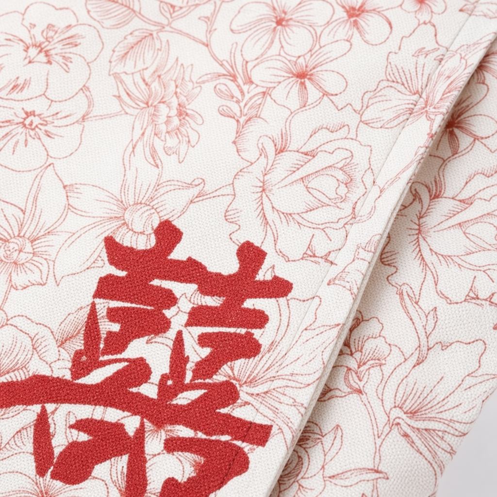 The red handle canvas bag is printed with a pattern of red flowers, birds and double happiness characters on its body Application Scenario