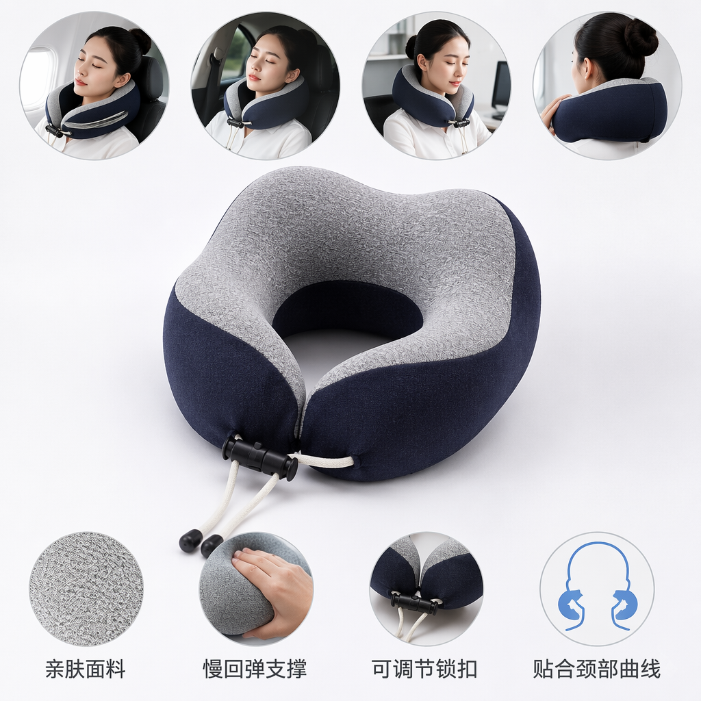 Gray and blue U-shaped pillow, memory foam neck pillow, office lunch break, home use