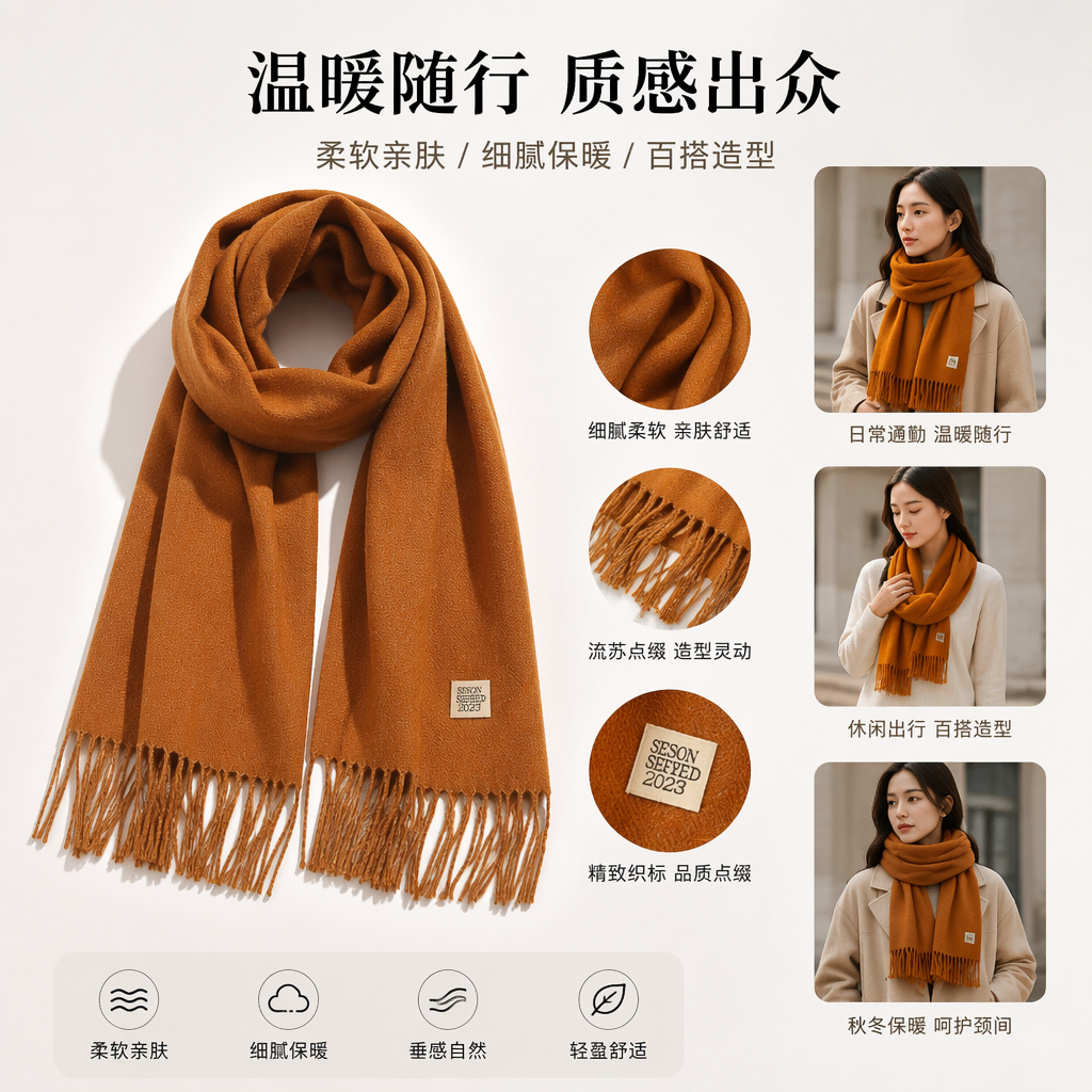 The orange fringed scarf is a long, fashionable and versatile pure cotton knitted scarf for warmth in autumn and winter