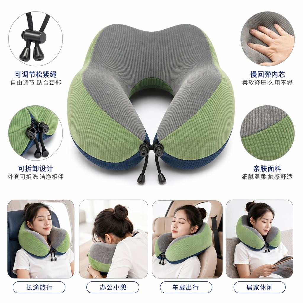 A green and gray striped U-shaped neck support pillow for a nap and travel