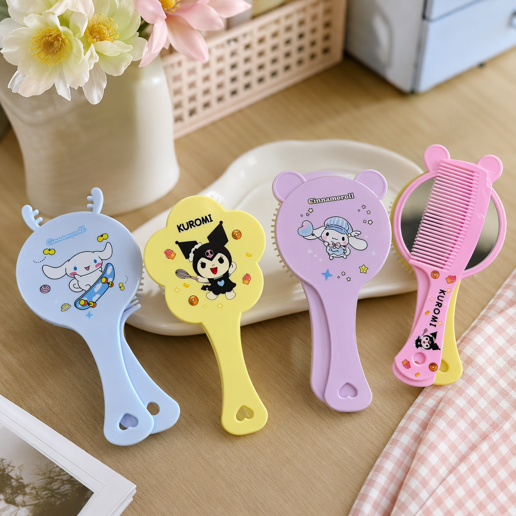 Colorful cartoon comb mirror set, portable travel, makeup, mirror and comb dual-purpose details Picture