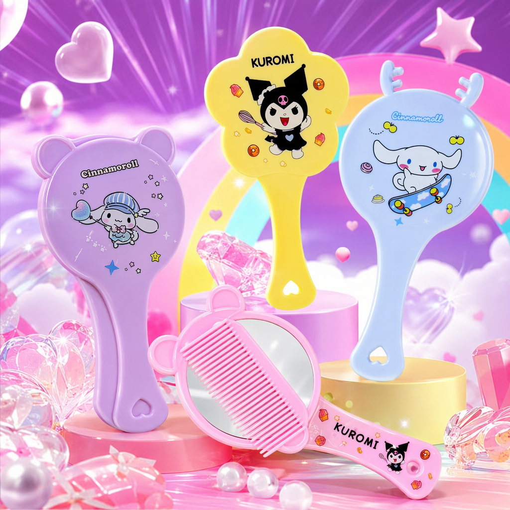 Colorful cartoon comb mirror set, portable travel, makeup, mirror and comb dual-purpose Specification image