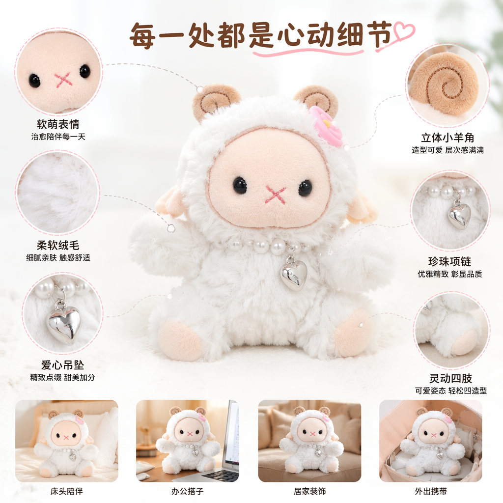 White plush sheep dolls, cute throw pillows, plush toys, fabric home decoration
