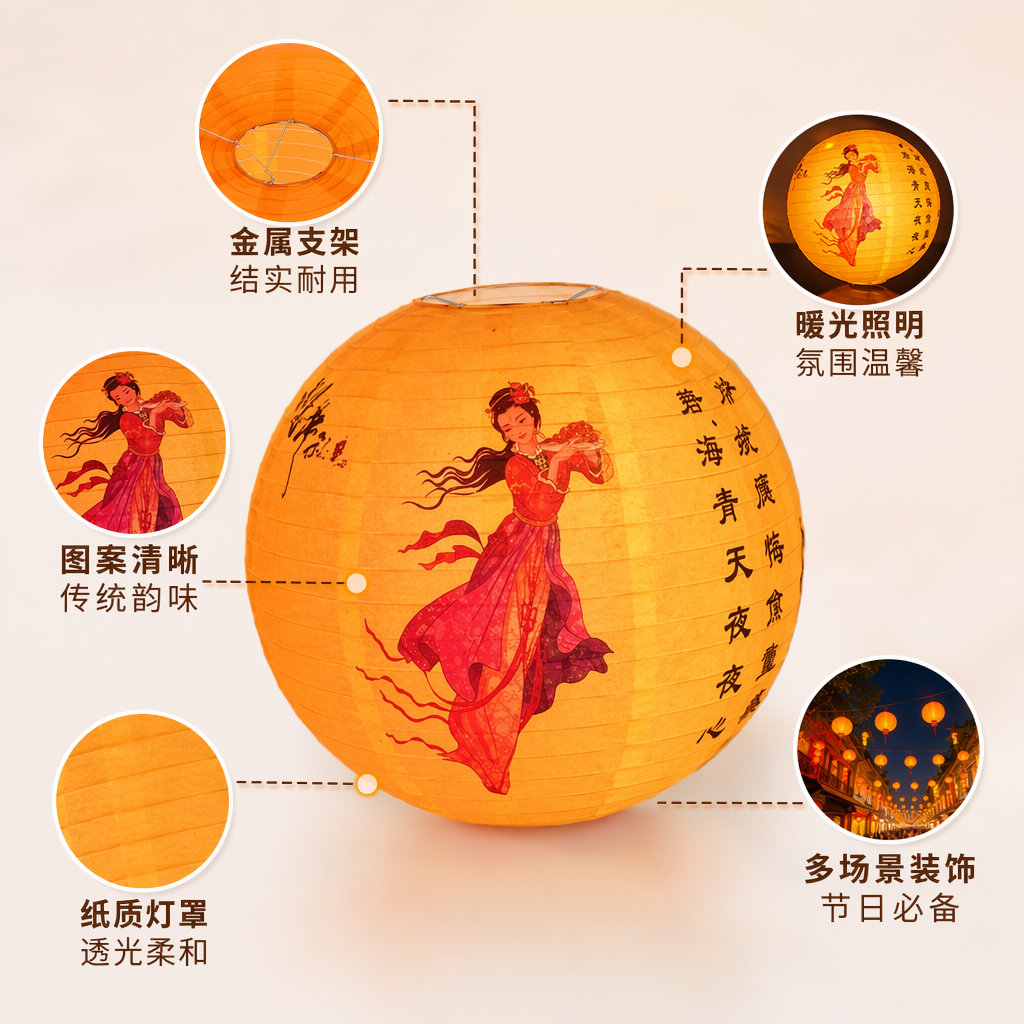 Orange paper lanterns, flying fairy in red and purple ancient costume, decorated with vertical black characters