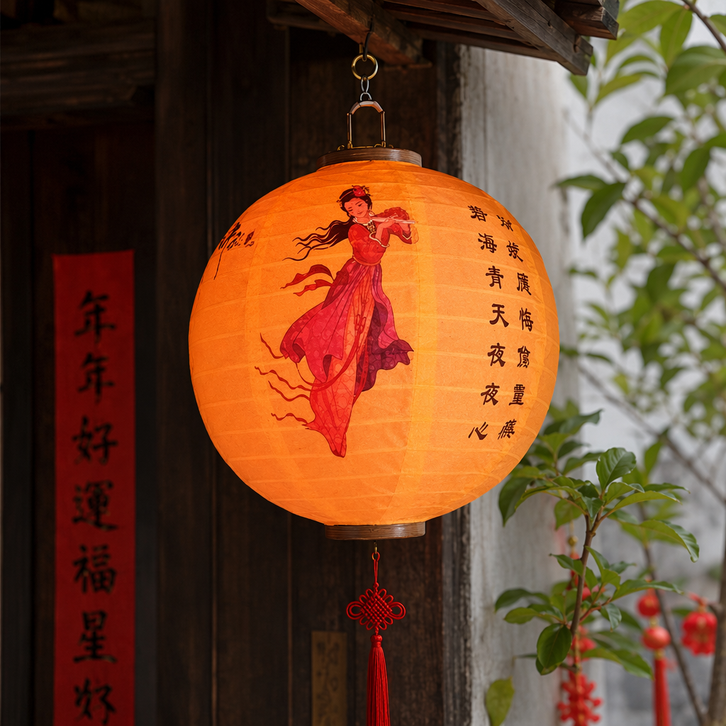 Orange paper lanterns, flying fairy in red and purple ancient costume, decorated with vertical black characters details Picture