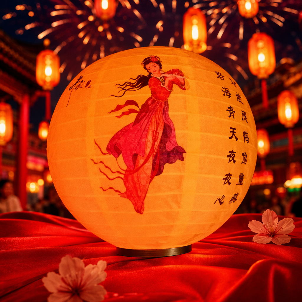 Orange paper lanterns, flying fairy in red and purple ancient costume, decorated with vertical black characters Specification image