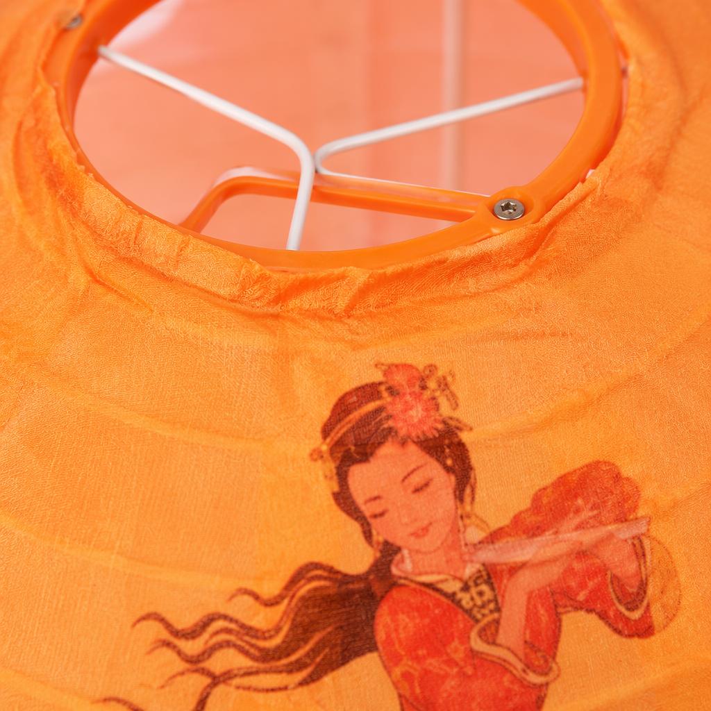 Orange paper lanterns, flying fairy in red and purple ancient costume, decorated with vertical black characters Application Scenario
