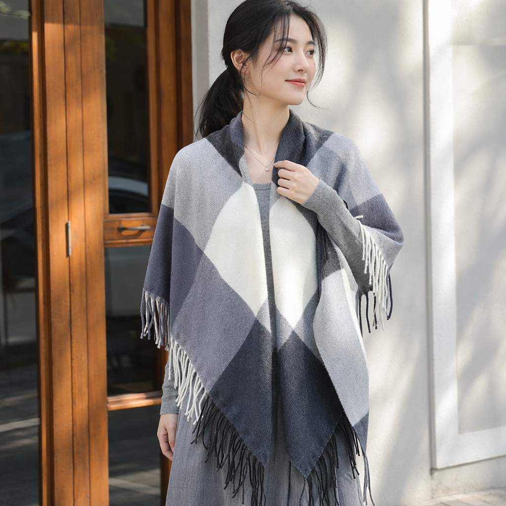 A gray and white black checkered tassel shawl, a warm, fashionable and versatile women's scarf for autumn and winter details Picture