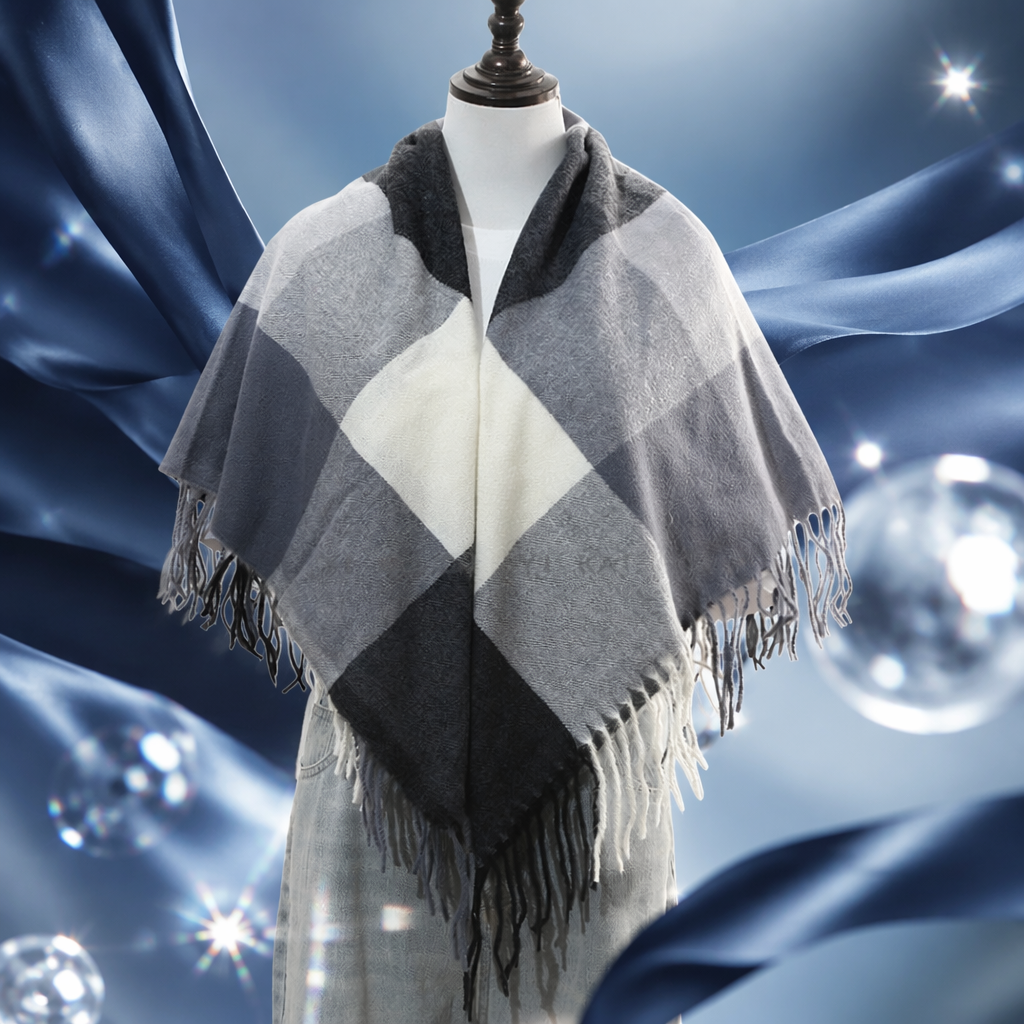 A gray and white black checkered tassel shawl, a warm, fashionable and versatile women's scarf for autumn and winter Specification image