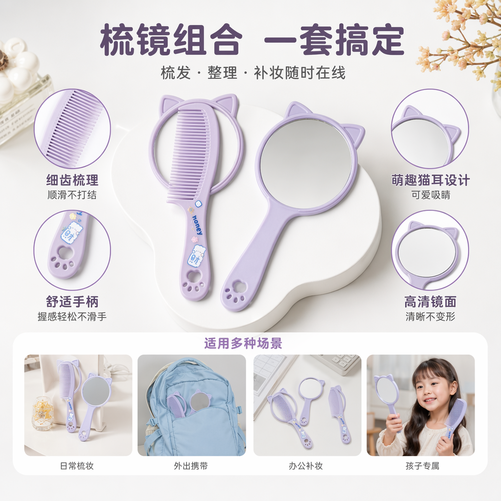 Colorful cat ear comb and mirror set, sweet and girlish style portable makeup mirror and comb set