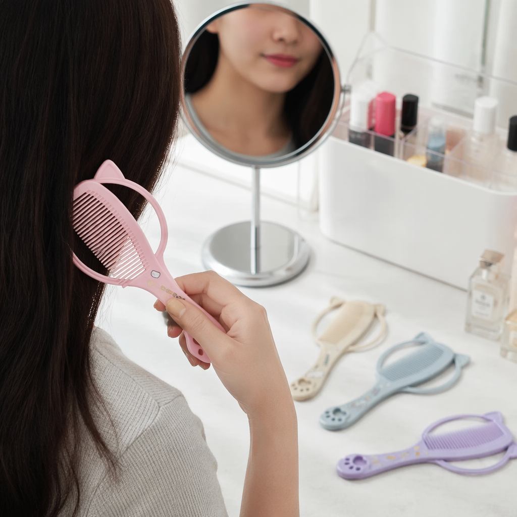 Colorful cat ear comb and mirror set, sweet and girlish style portable makeup mirror and comb set details Picture