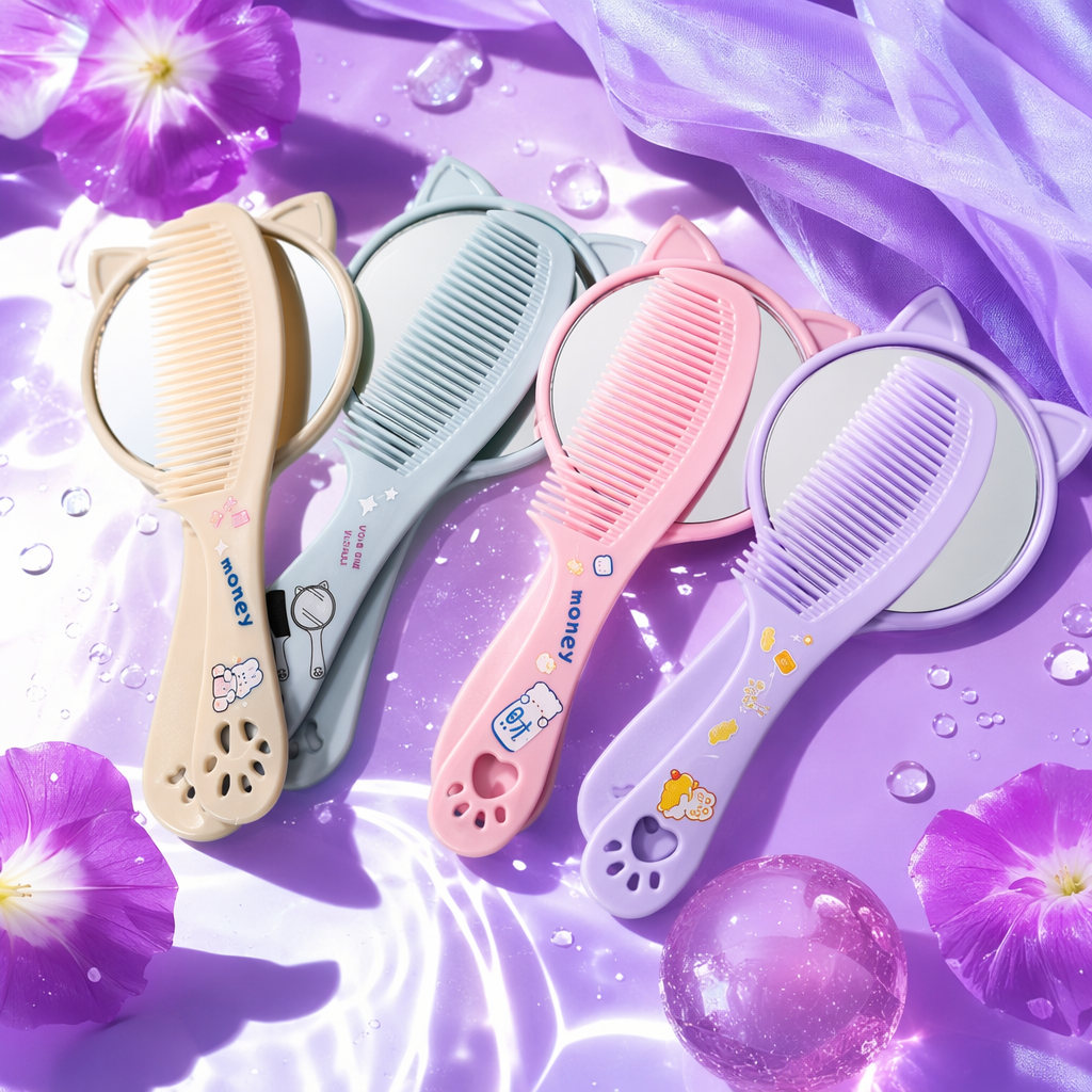 Colorful cat ear comb and mirror set, sweet and girlish style portable makeup mirror and comb set Specification image