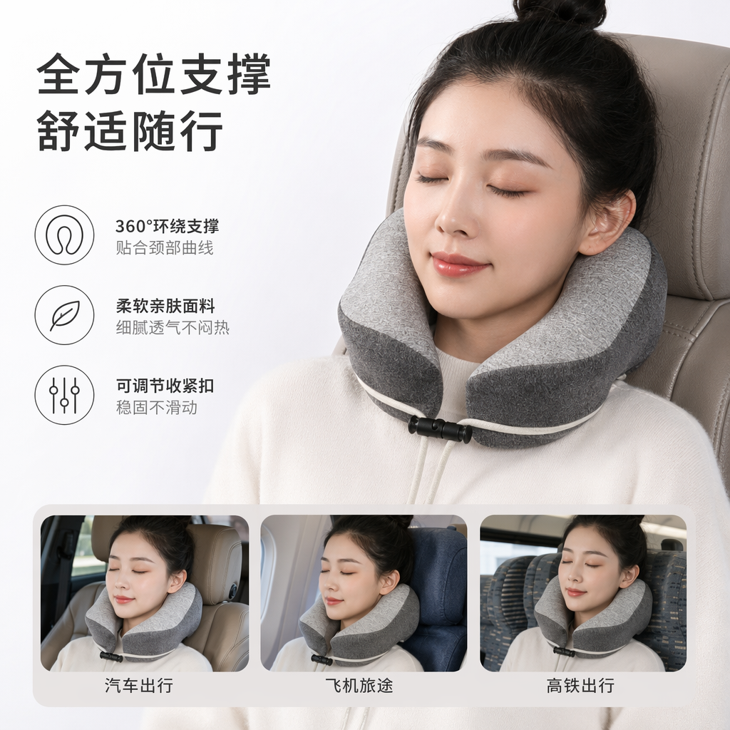 The grey textured memory foam neck pillow is an ergonomic, comfortable and portable travel product