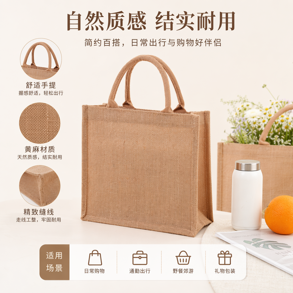 米色黄麻布手提袋天然环保简约时尚购物袋