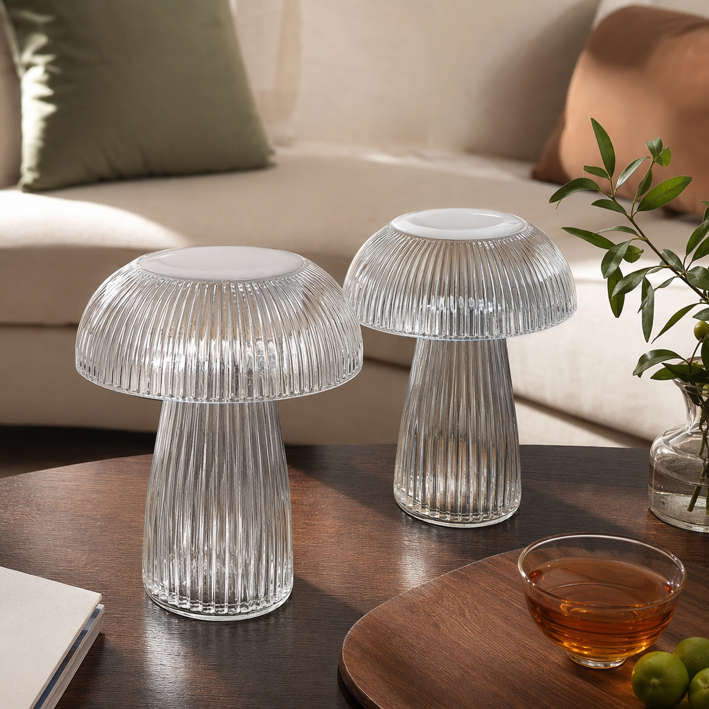 Transparent striped mushroom-shaped creative table lamp, home decoration, bedroom bedside lamp details Picture