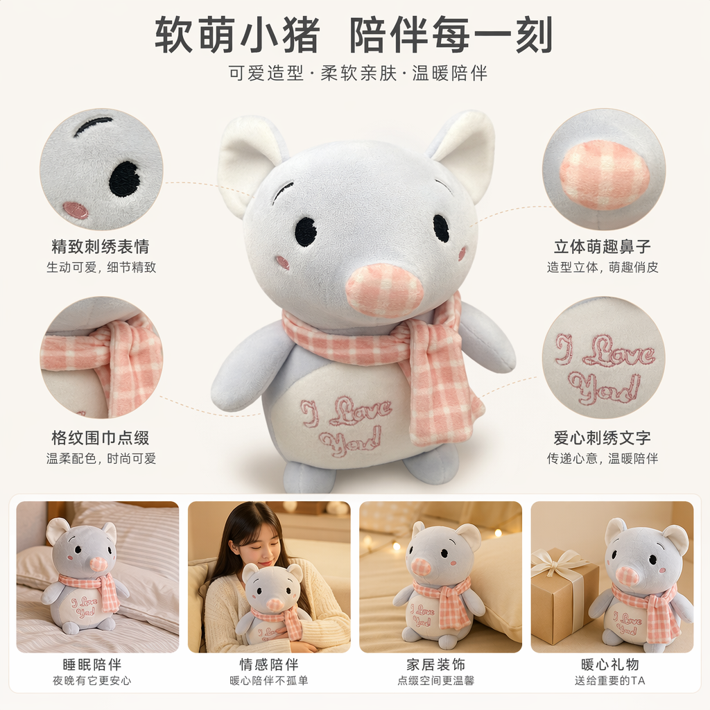 A light blue plush toy wearing a pink and white checkered scarf with the word "Love" printed on its belly