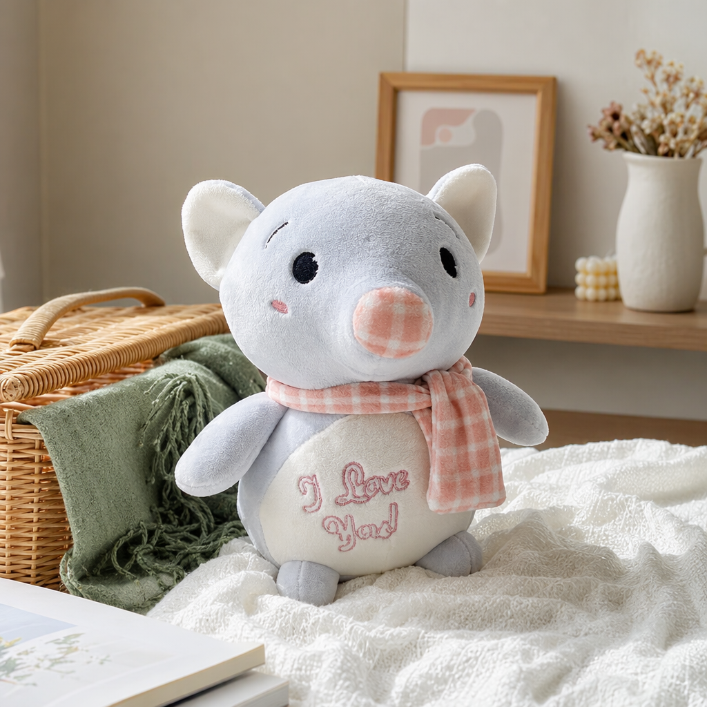 A light blue plush toy wearing a pink and white checkered scarf with the word "Love" printed on its belly details Picture