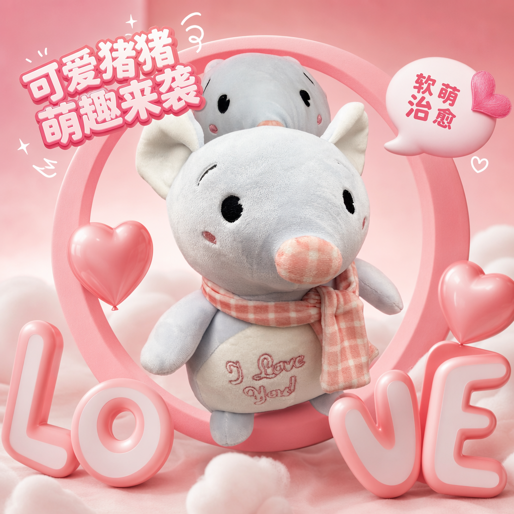 A light blue plush toy wearing a pink and white checkered scarf with the word "Love" printed on its belly Specification image