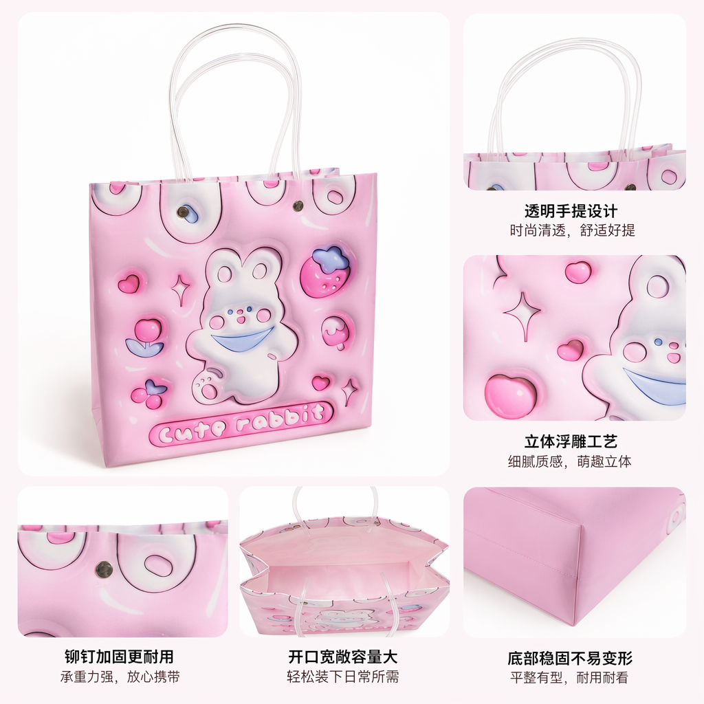 粉色兔子主题礼品袋 可爱卡通手提纸袋 适配生日节日包装