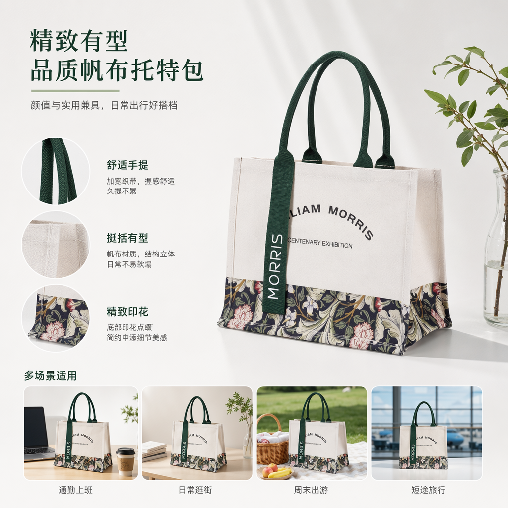 Beige canvas bag with green handle and floral pattern bottom edge casual single-shoulder bag