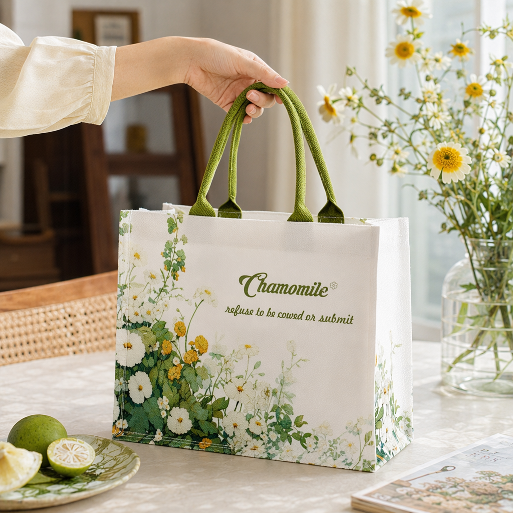 Green handle, white floral pattern canvas bag, large-capacity shopping bag, environmentally friendly and reusable details Picture