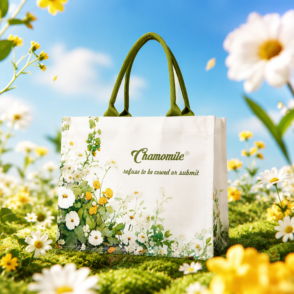 Green handle, white floral pattern canvas bag, large-capacity shopping bag, environmentally friendly and reusable Specification image