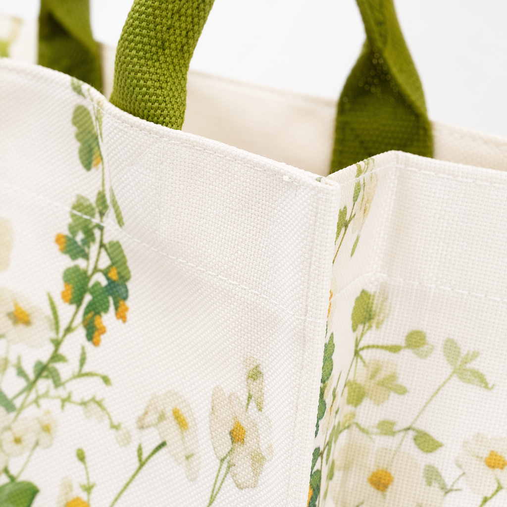 Green handle, white floral pattern canvas bag, large-capacity shopping bag, environmentally friendly and reusable Application Scenario