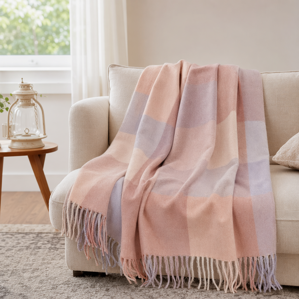 This pink and purple checkered scarf is warm for autumn and winter. It is made of thick pure cotton and is fashionable and versatile details Picture