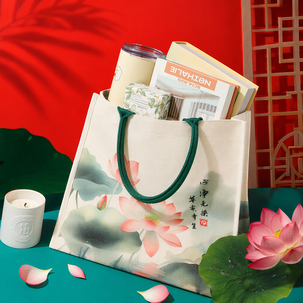 Green lotus pond tinta pintura lona bolsa de gran capacidad eco-friendly bolsa de compras portátil Specification image