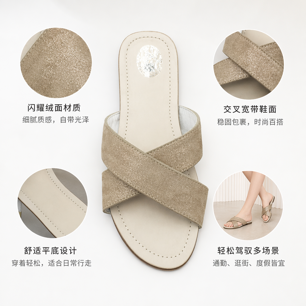 米色交叉带闪光凉鞋女夏季透气防滑平底 sandals