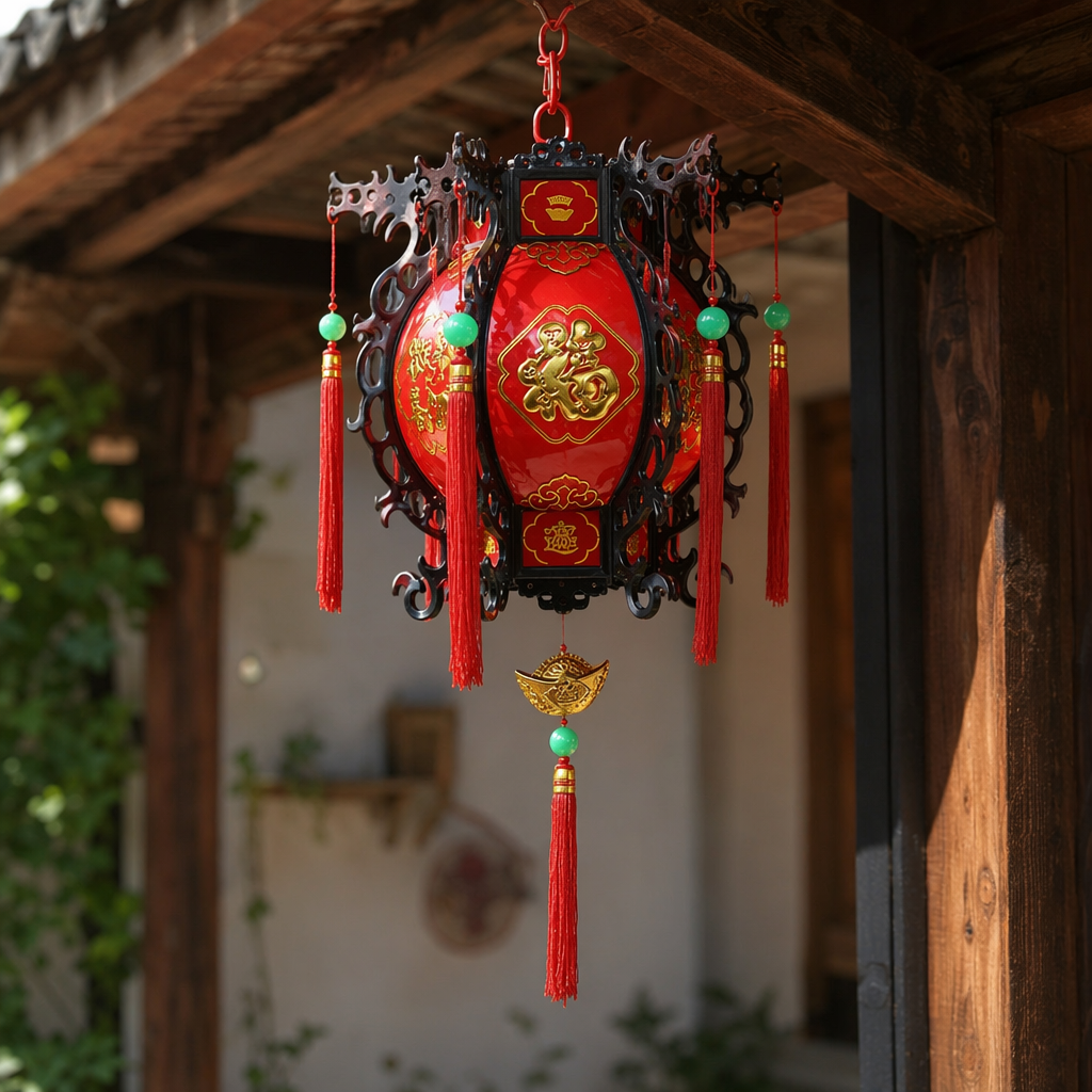 Red antique-style lanterns, black lacquer carved frames, golden "Fu" characters, copper coins for decoration, red tassels and green beads as embellishments details Picture