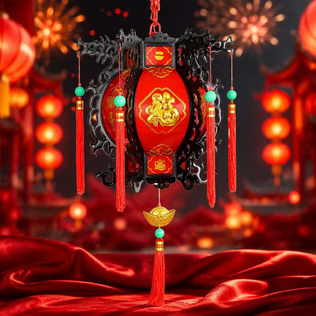 Red antique-style lanterns, black lacquer carved frames, golden "Fu" characters, copper coins for decoration, red tassels and green beads as embellishments Specification image
