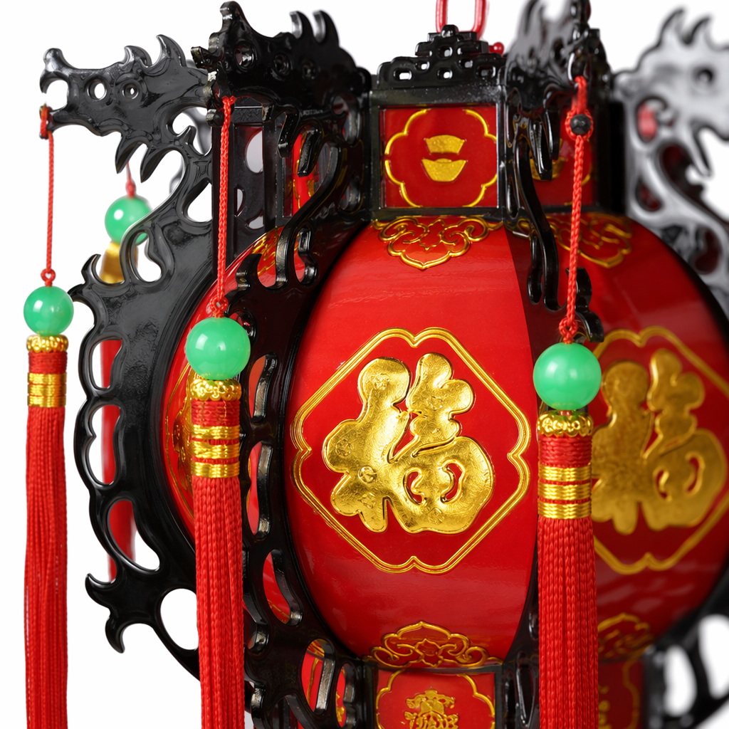 Red antique-style lanterns, black lacquer carved frames, golden "Fu" characters, copper coins for decoration, red tassels and green beads as embellishments Application Scenario