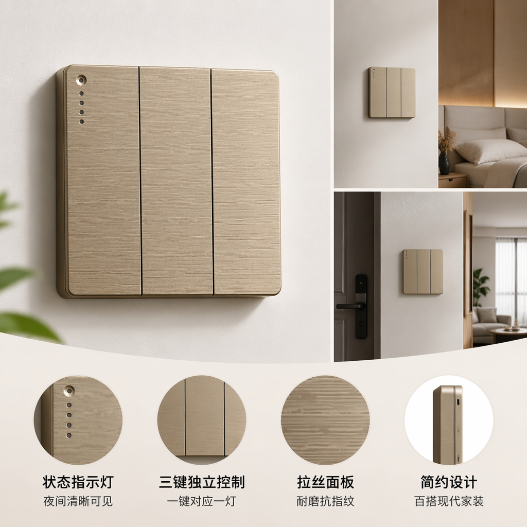 M1 oro/gris tri-apertura interruptor de pared de control único 86 tipo oficina casera zócalo de pared universal especial para exportación