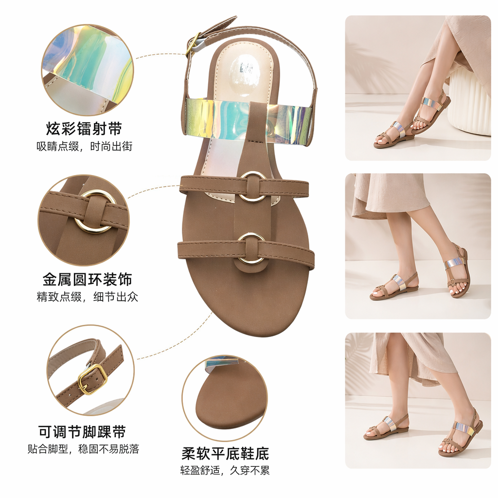 棕色简约时尚凉鞋女夏季透气防滑平底休闲 sandals