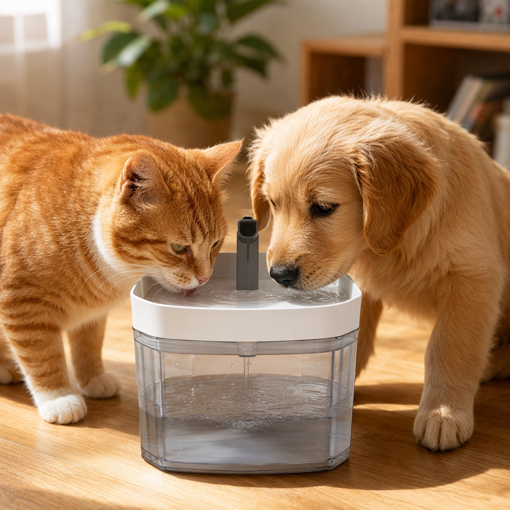 White, yellow, grey and transparent four-color smart pet feeding and drinking water dispenser details Picture