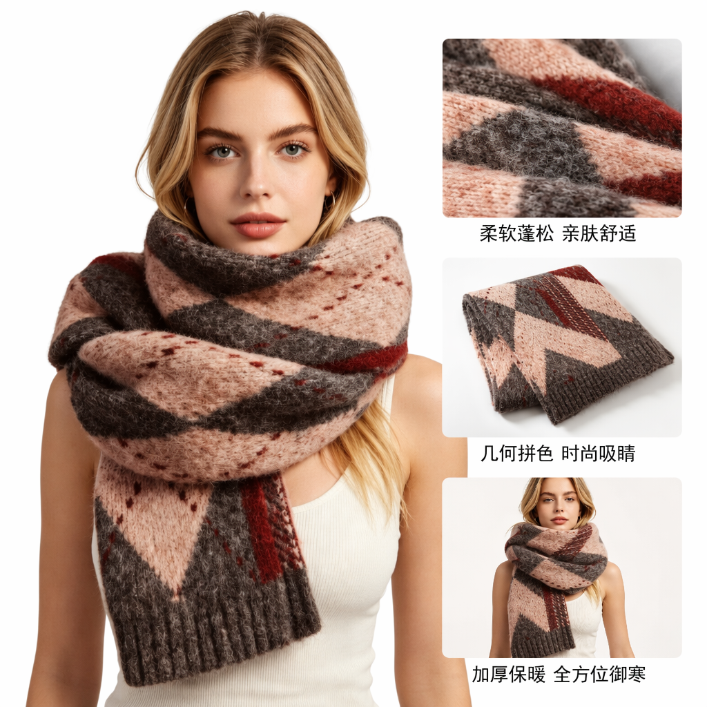 A colorful striped woolen scarf with a model's real photo for a warm autumn and winter knitted scarf