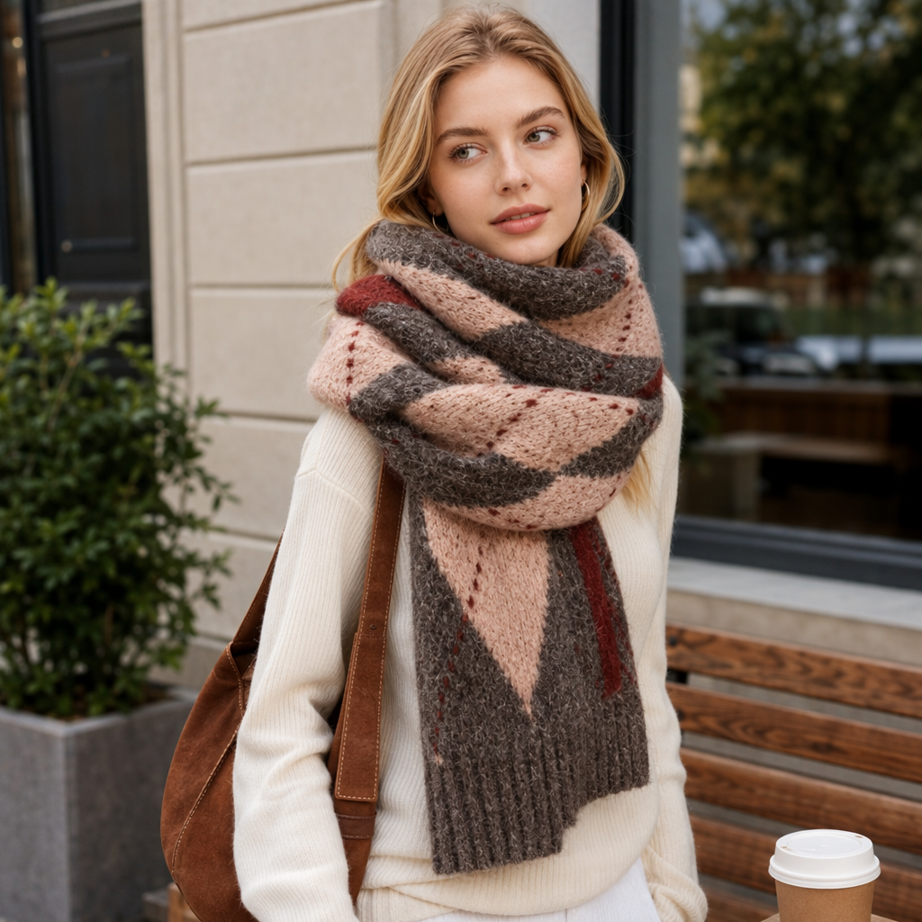 A colorful striped woolen scarf with a model's real photo for a warm autumn and winter knitted scarf details Picture