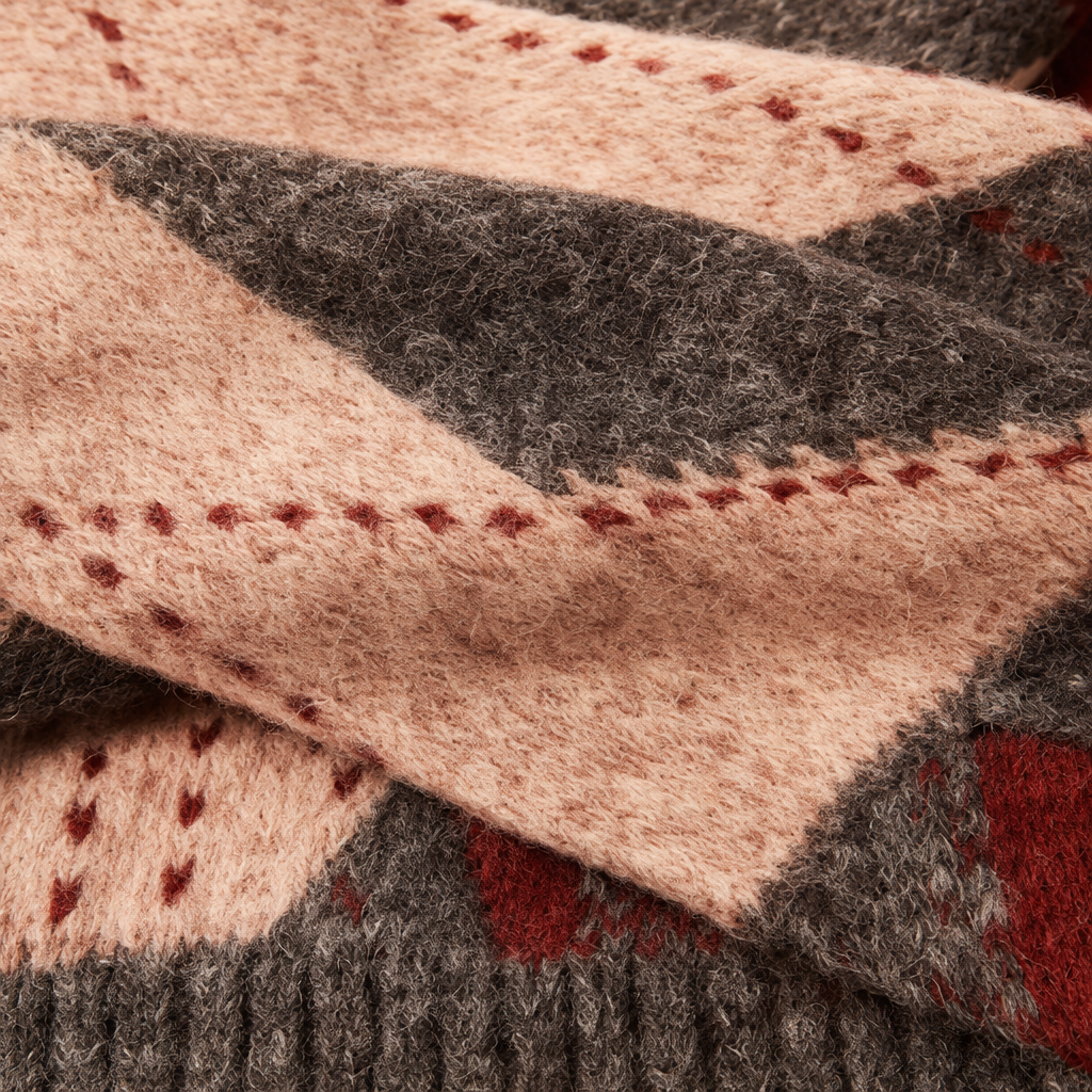A colorful striped woolen scarf with a model's real photo for a warm autumn and winter knitted scarf Application Scenario