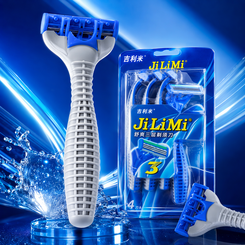 Navaja de afeitar azul y blanco para hombres con el paquete original incluido Specification image